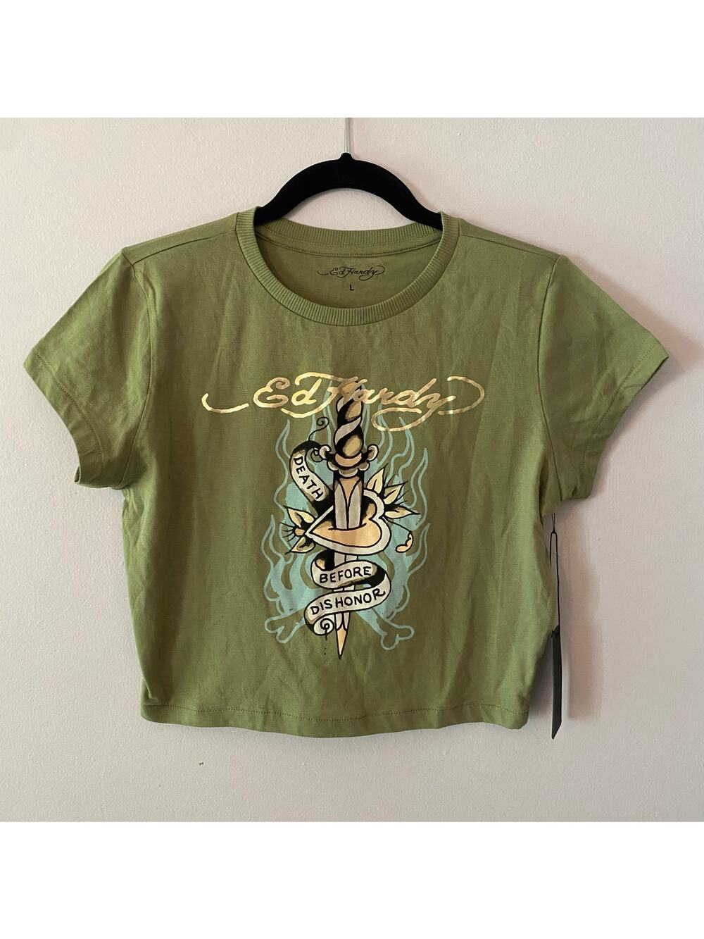 NWT Ed Hardy Green Cropped Baby Tee Death Before Dishonor Women's size Large - Picture 1 of 10